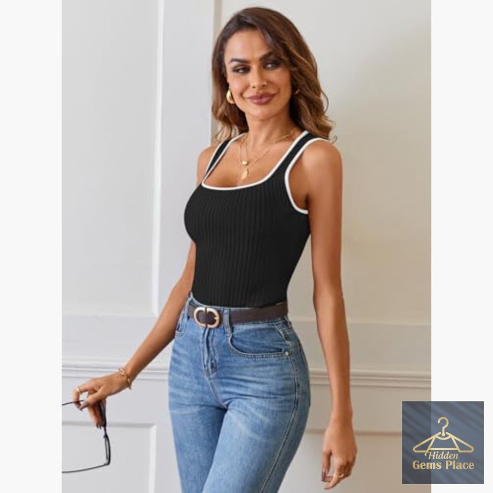 Slim Fit Ribbed Knit Tank Top Square Neck Sleeveless Summer Basic - Picture 3 of 7